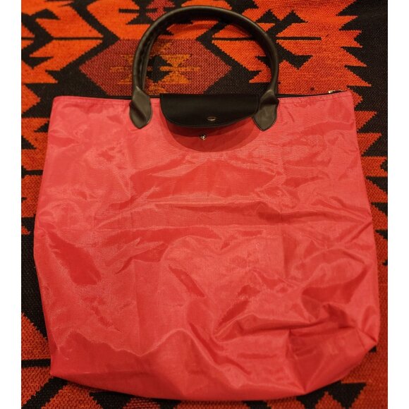 Longchamp-Inspired Hot Pink Tote Bag Black Leather Accents & Snap & Zip Closure - Picture 1 of 9